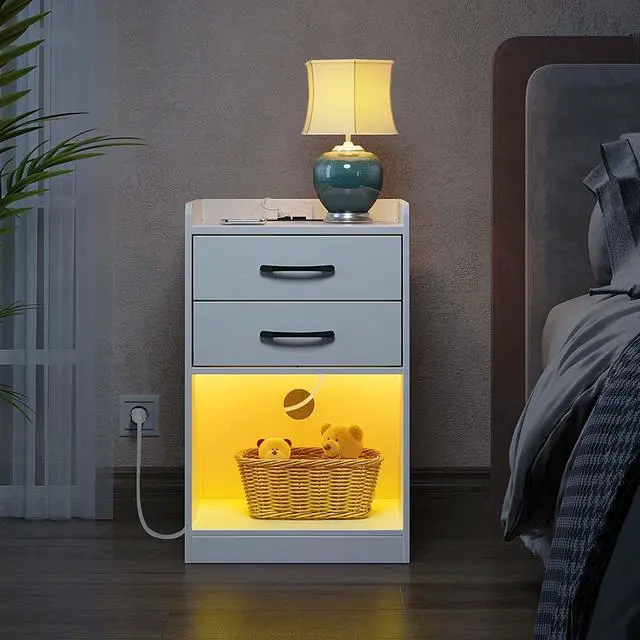 Alt view image 7 of 7 - Nightstand with Charging Station and LED Lights,Modern Design End Side Table with 2 Drawers, Nightstand Storage Cabinet for Bedroom, White