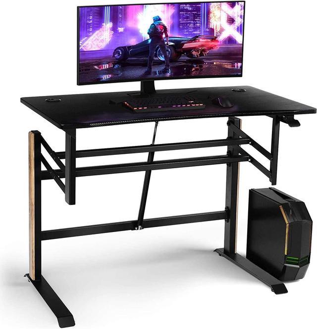 Pneumatic Height Adjustable Gaming Desk, Racing Style Standing Desk Gamer  Table with Power Strip Tray, Carbon Fiber Surface, 2 Cable Management  Holes, Ideal for Gaming Studying Working 
