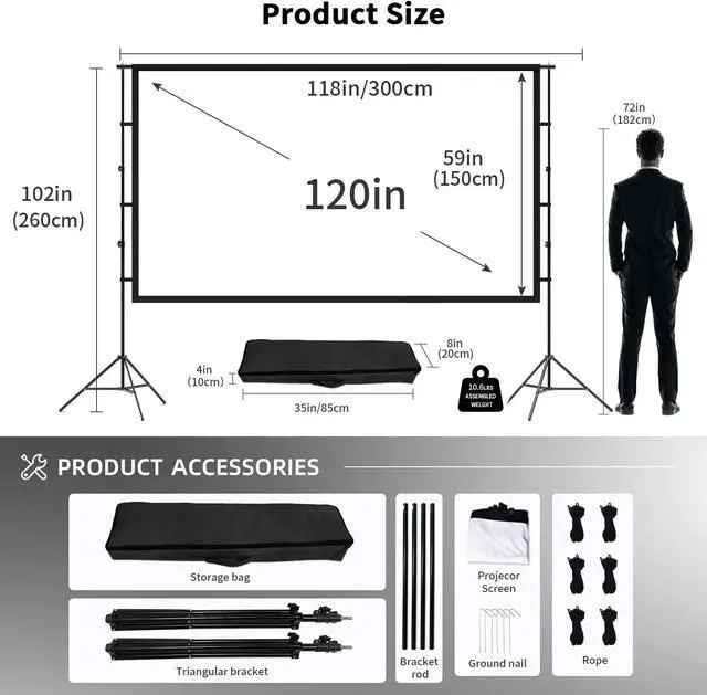 Alt view image 3 of 6 - Projector Screen and Stand, Towond 120 inch Indoor Outdoor Projection Screen, Portable 16:9 4K HD Rear Front Movie Screen Pull Down with Carry Bag Wrinkle-Free Design for Home Theater Backyard Cinema