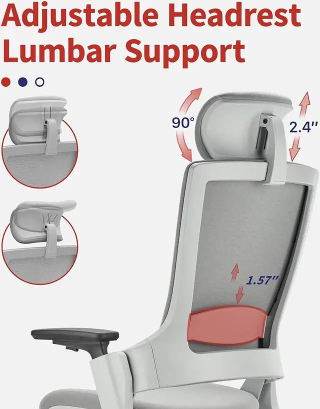 Alt view image 5 of 7 - Ergonomic High Swivel Executive Chair with Adjustable Height Head 3D Arm Rest Lumbar Support and Upholstered Back for Home Office Gray