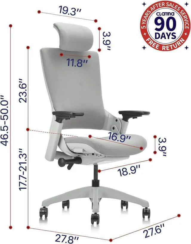 Alt view image 7 of 7 - Ergonomic High Swivel Executive Chair with Adjustable Height Head 3D Arm Rest Lumbar Support and Upholstered Back for Home Office Gray