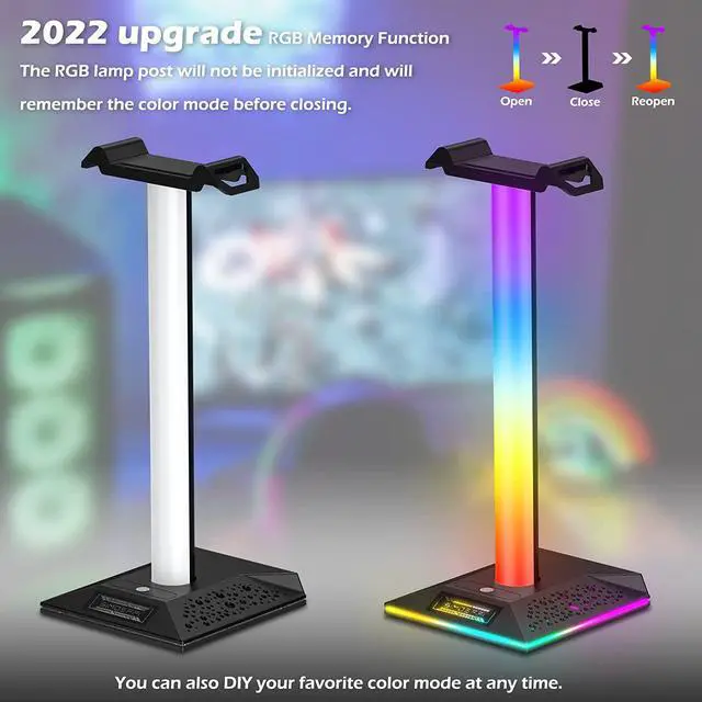 Alt view image 4 of 6 - RGB Gaming Headphones Stand, Headset Stand with 3.5mm AUX and 2 USB Charging Ports, Headphone Holder with 10 Light Modes and Memory Feature for Gamers PC Earphone Accessories Desk (Black)