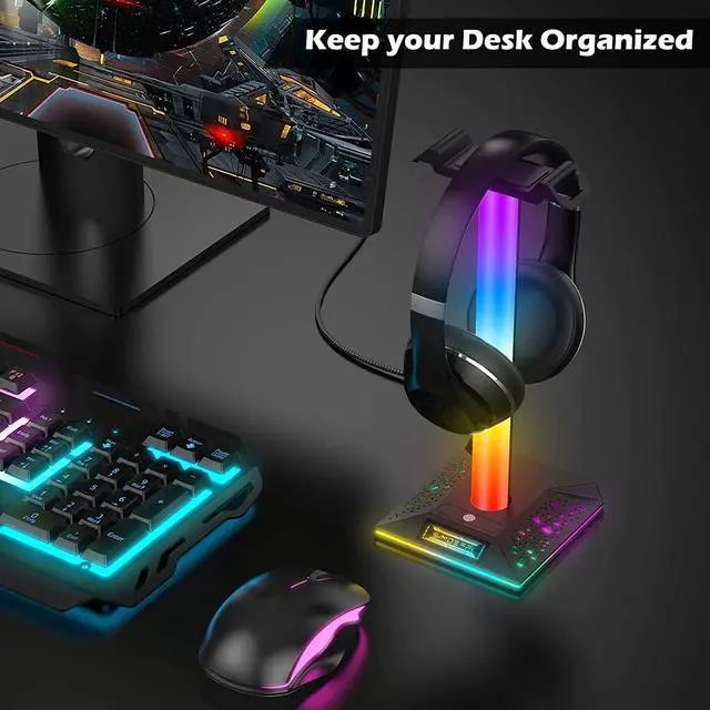 Alt view image 5 of 6 - RGB Gaming Headphones Stand, Headset Stand with 3.5mm AUX and 2 USB Charging Ports, Headphone Holder with 10 Light Modes and Memory Feature for Gamers PC Earphone Accessories Desk (Black)
