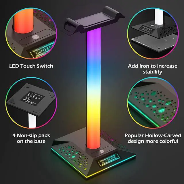 Alt view image 2 of 6 - RGB Gaming Headphones Stand, Headset Stand with 3.5mm AUX and 2 USB Charging Ports, Headphone Holder with 10 Light Modes and Memory Feature for Gamers PC Earphone Accessories Desk (Black)