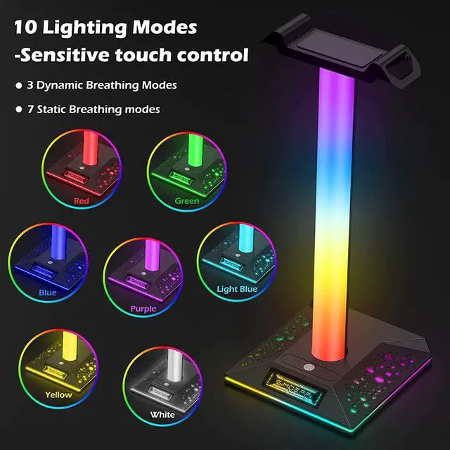 Alt view image 3 of 6 - RGB Gaming Headphones Stand, Headset Stand with 3.5mm AUX and 2 USB Charging Ports, Headphone Holder with 10 Light Modes and Memory Feature for Gamers PC Earphone Accessories Desk (Black)