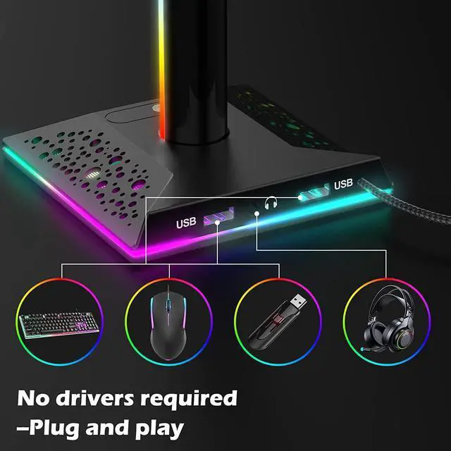 Alt view image 6 of 6 - RGB Gaming Headphones Stand, Headset Stand with 3.5mm AUX and 2 USB Charging Ports, Headphone Holder with 10 Light Modes and Memory Feature for Gamers PC Earphone Accessories Desk (Black)