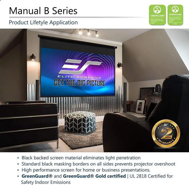 Alt view image 2 of 6 - Elite Screens Manual B 110-INCH Pull Down Projector Screen with Auto-Lock / Slow Retract Mechanism Diag 4K 8K 3D Ultra HDR HD Ready Home Theater Movie