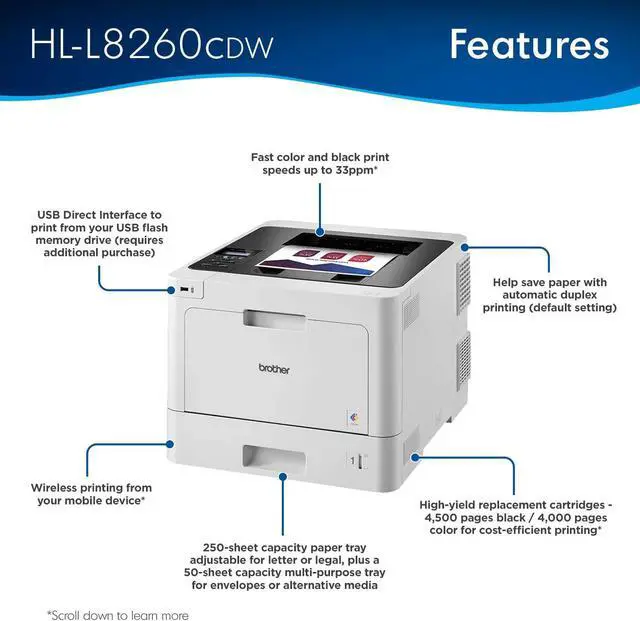 Alt view image 2 of 4 - Brother Business Color Laser Printer, Duplex Printing, Flexible Wireless Networking, Mobile Device Printing, Advanced Security Features - HL-L8260CDW