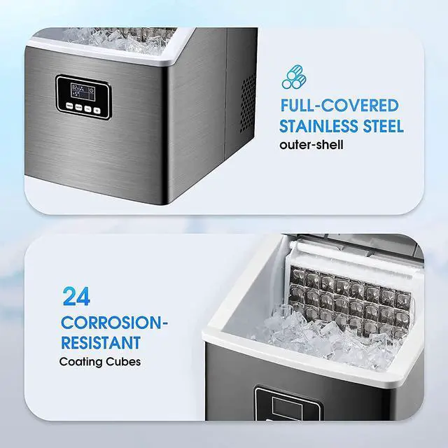 Alt view image 6 of 7 - Ice Maker Machine Countertop,40Lbs/24H Auto Self-Cleaning,24 pcs Ice Cube in 13 Mins,Portable Compact Ice Cube Maker,Stainless Steel,With Ice Scoop & Basket,Perfect for Home/Kitchen/Office/Bar (Black)