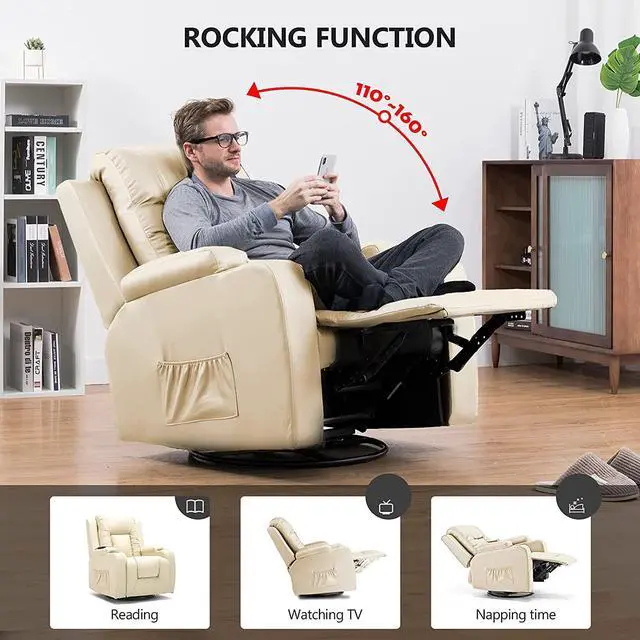 Alt view image 3 of 5 - Recliner Chair Massage Rocker with Heated Modern PU Leather Ergonomic Lounge 360 Degree Swivel Single Sofa Seat with Drink Holders Living Room Chair (Cream)