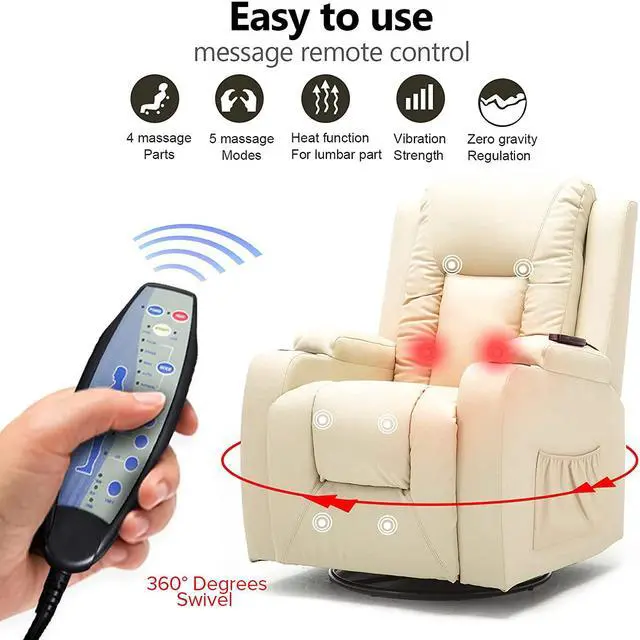 Alt view image 4 of 5 - Recliner Chair Massage Rocker with Heated Modern PU Leather Ergonomic Lounge 360 Degree Swivel Single Sofa Seat with Drink Holders Living Room Chair (Cream)