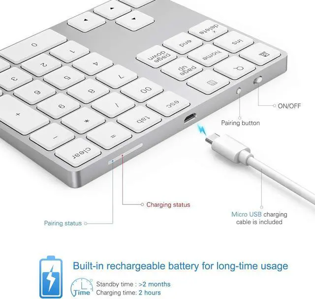 Alt view image 5 of 5 - Bluetooth Number Pad Aluminum Rechargeable Wireless Numeric Keypad Slim 34-Keys External Numpad Keyboard Data Entry for Laptop, MacBook, MacBook Air/Pro, iMac, Windows, Surface Pro - Silver