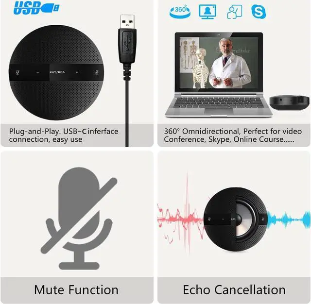 Alt view image 5 of 5 - USB Speaker Phone 360° Omnidirectional Microphone Portable Conference Speakerphone Echo Cancellation for Skype Business of Microsoft Lync, VoIP Calls, Webinar, Phone, Call Center, Recording