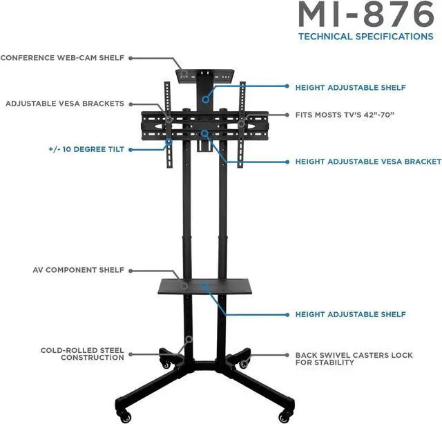 Alt view image 3 of 7 - TV Cart Mobile TV Stand Wheeled Height Adjustable Flat Screen Television Floor Stands with Rolling Casters and Shelf, VESA Compatible TV Mount Bracket Fits Displays 37 to 70 Inch, 110 Lbs