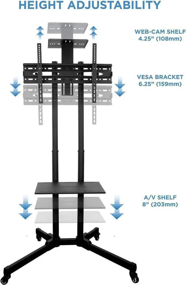 Alt view image 4 of 7 - TV Cart Mobile TV Stand Wheeled Height Adjustable Flat Screen Television Floor Stands with Rolling Casters and Shelf, VESA Compatible TV Mount Bracket Fits Displays 37 to 70 Inch, 110 Lbs