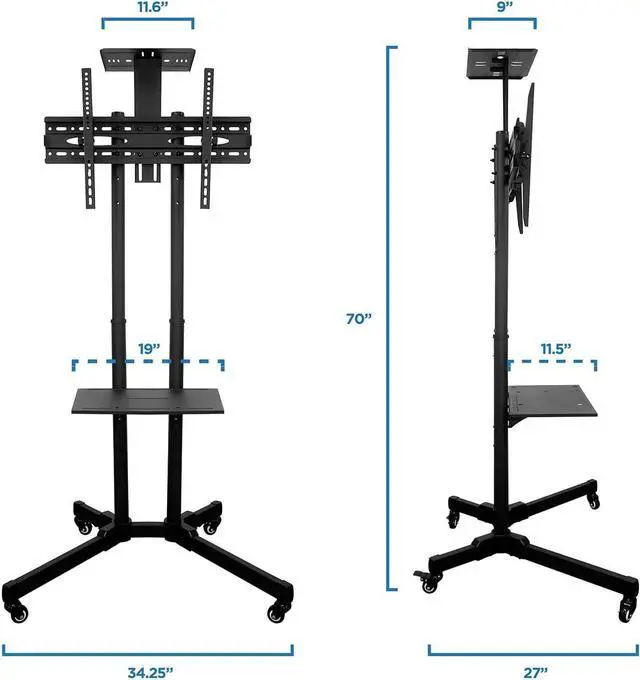 Alt view image 7 of 7 - TV Cart Mobile TV Stand Wheeled Height Adjustable Flat Screen Television Floor Stands with Rolling Casters and Shelf, VESA Compatible TV Mount Bracket Fits Displays 37 to 70 Inch, 110 Lbs