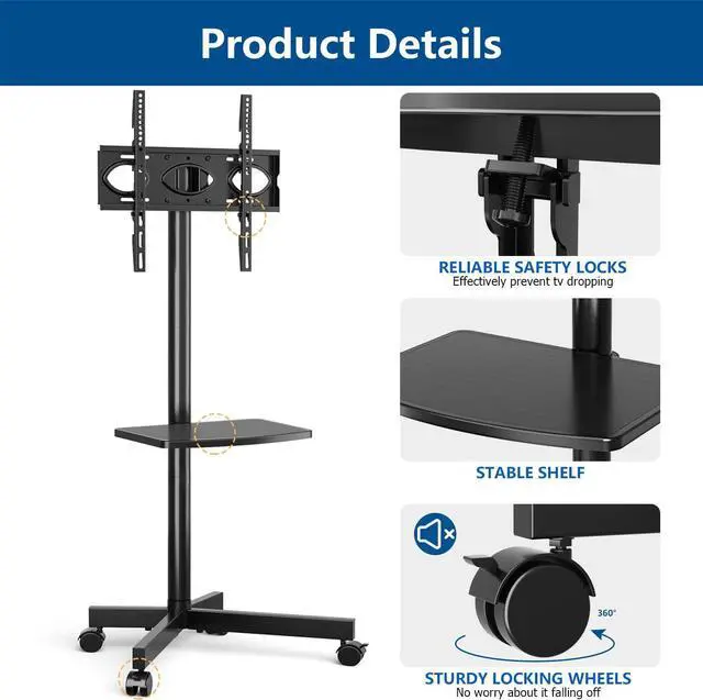 Alt view image 3 of 7 - Mobile TV Cart for 23-60 Inch LCD LED Flat Panel Curved Screen TVs up to 88 lbs, Height Adjustable Shelf Rolling Floor Stand with Wheels as a Movable Portable TV Stand, Max VESA 400x400mm
