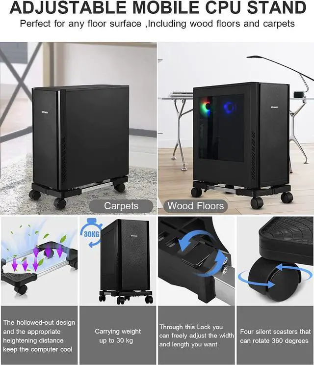 Alt view image 5 of 5 - Computer Tower Stand, Adjustable Mobile CPU Stand with Rolling Caster Wheels, Premium PC Tower Stand Holder for Floor Carpet Gaming PC Case