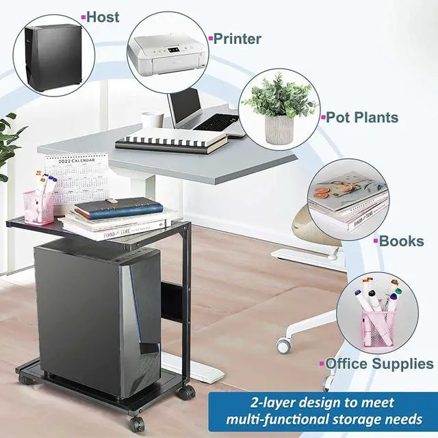 Alt view image 5 of 6 - Computer Tower Stand, Iron PC Stand 2-Tier CPU Stand with Locking Caster Wheels Suitable for Most PC