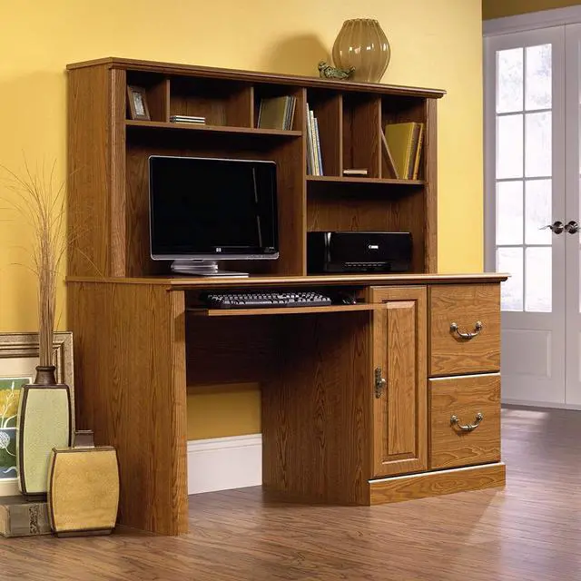 Alt view image 2 of 3 - Orchard Hills Computer Desk with Hutch, Carolina Oak finish