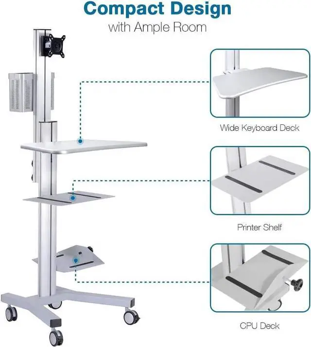 Alt view image 2 of 6 - Adjustable Rolling Computer Cart Mobile PC Standing Workstation with Monitor Mount Keyboard Tray Printer CPU Holder Wheels for Shop Home Office Silver