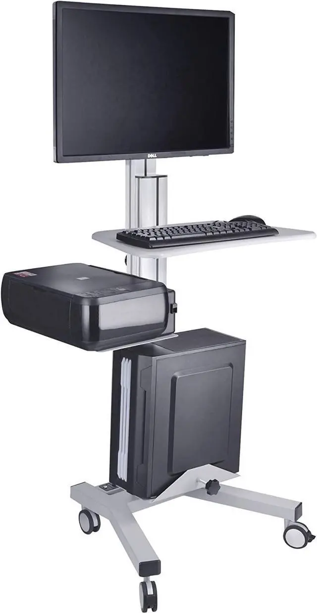 Main image of Adjustable Rolling Computer Cart Mobile PC Standing Workstation with Monitor Mount Keyboard Tray Printer CPU Holder Wheels for Shop Home Office Silver