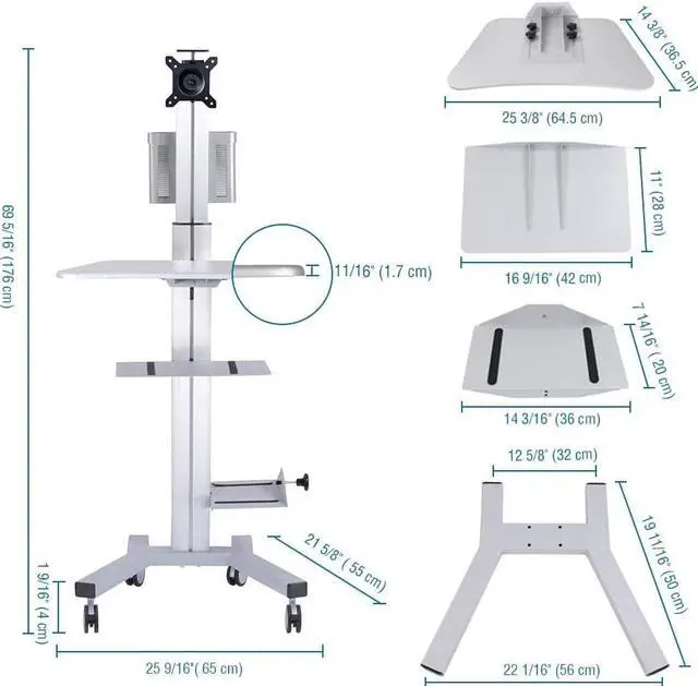 Alt view image 6 of 6 - Adjustable Rolling Computer Cart Mobile PC Standing Workstation with Monitor Mount Keyboard Tray Printer CPU Holder Wheels for Shop Home Office Silver