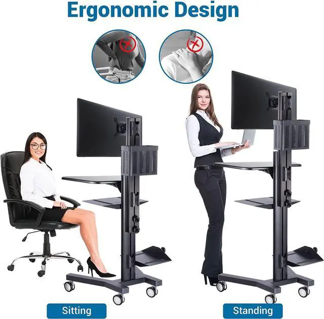 Alt view image 3 of 6 - Adjustable Rolling Computer Cart Mobile PC Standing Workstation with Monitor Mount Keyboard Tray Printer CPU Holder Wheels for Shop Home Office Silver