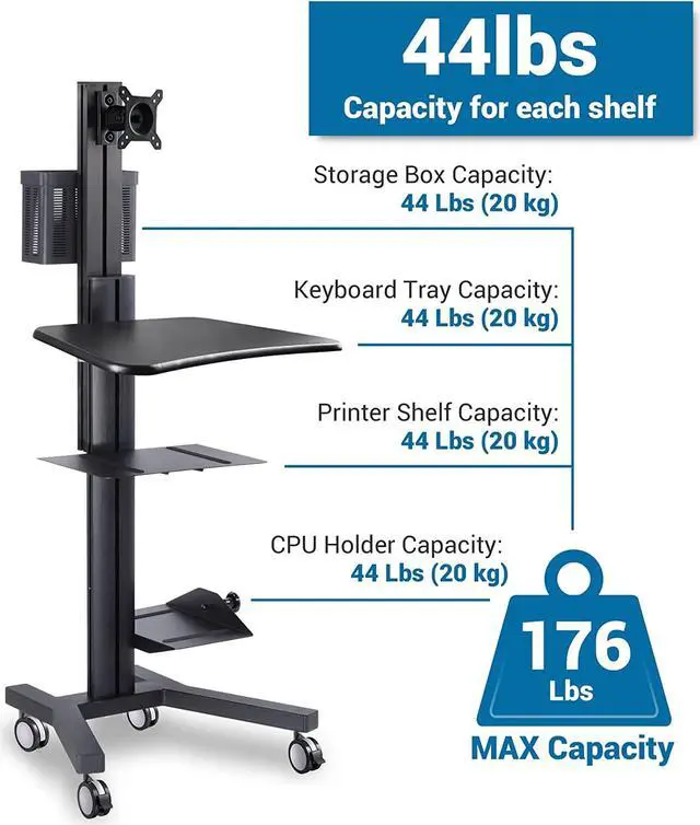 Alt view image 5 of 6 - Adjustable Rolling Computer Cart Mobile PC Standing Workstation with Monitor Mount Keyboard Tray Printer CPU Holder Wheels for Shop Home Office Silver