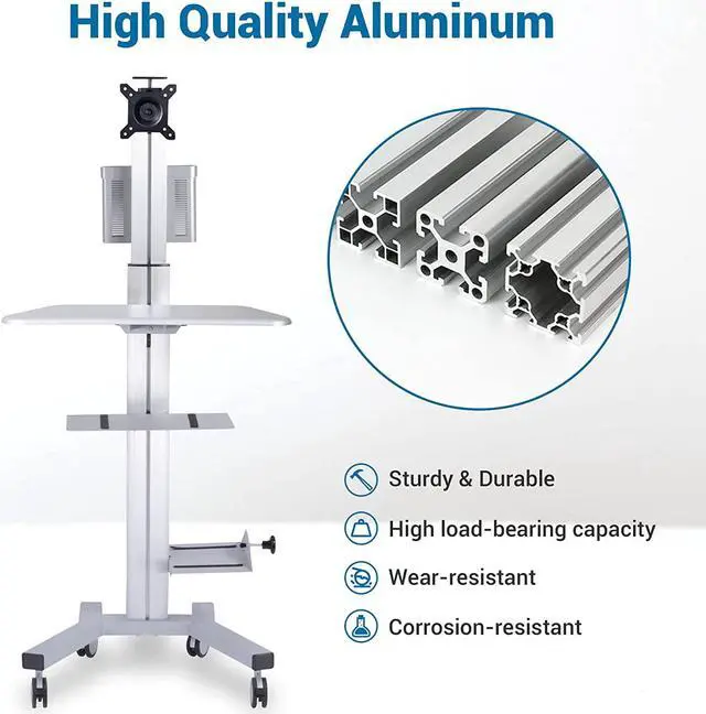 Alt view image 4 of 6 - Adjustable Rolling Computer Cart Mobile PC Standing Workstation with Monitor Mount Keyboard Tray Printer CPU Holder Wheels for Shop Home Office Silver
