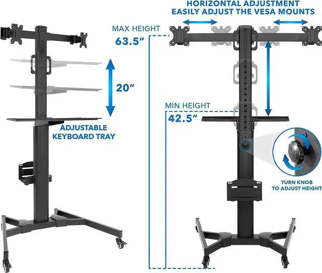 Alt view image 5 of 7 - Adjustable Mobile PC Workstation for Dual Monitors | Mobile Standing Computer Cart with Adjustable Keyboard Tray and CPU Holder | Rolling Computer Desk Fits Monitors 13 to 32 Inches
