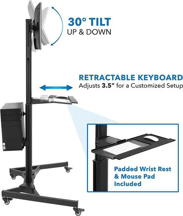 Alt view image 4 of 7 - Adjustable Mobile PC Workstation for Dual Monitors | Mobile Standing Computer Cart with Adjustable Keyboard Tray and CPU Holder | Rolling Computer Desk Fits Monitors 13 to 32 Inches