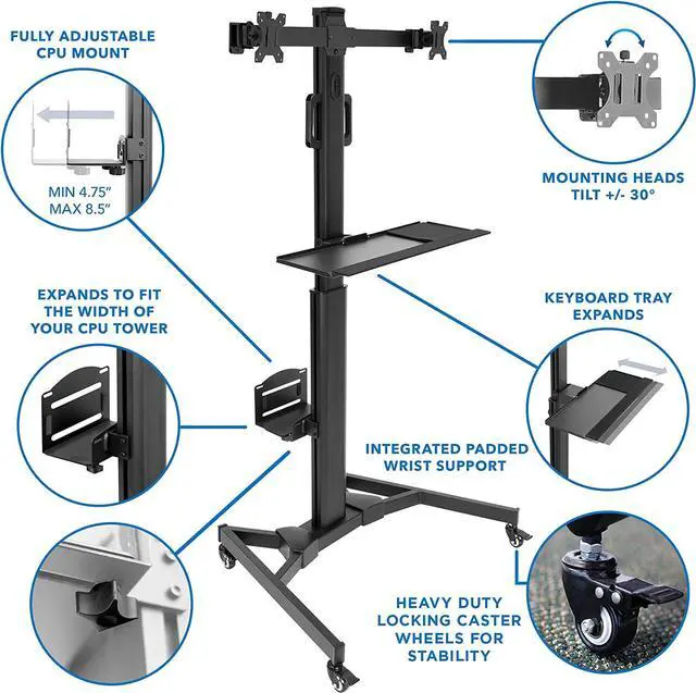 Alt view image 3 of 7 - Adjustable Mobile PC Workstation for Dual Monitors | Mobile Standing Computer Cart with Adjustable Keyboard Tray and CPU Holder | Rolling Computer Desk Fits Monitors 13 to 32 Inches