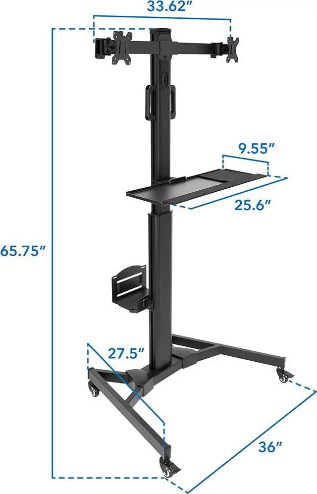 Alt view image 7 of 7 - Adjustable Mobile PC Workstation for Dual Monitors | Mobile Standing Computer Cart with Adjustable Keyboard Tray and CPU Holder | Rolling Computer Desk Fits Monitors 13 to 32 Inches