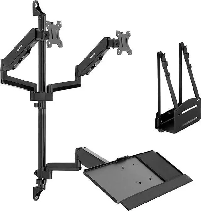 Alt view image 2 of 7 - Wall Mount Workstation with Dual Monitor Mount, Keyboard Tray and CPU Holder, Height Adjustable Full Motion Arms, Fits Two 32 Inch Computer Screens
