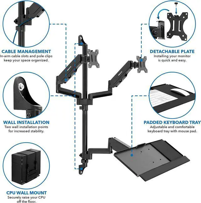 Alt view image 4 of 7 - Wall Mount Workstation with Dual Monitor Mount, Keyboard Tray and CPU Holder, Height Adjustable Full Motion Arms, Fits Two 32 Inch Computer Screens