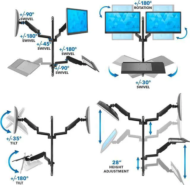 Alt view image 5 of 7 - Wall Mount Workstation with Dual Monitor Mount, Keyboard Tray and CPU Holder, Height Adjustable Full Motion Arms, Fits Two 32 Inch Computer Screens