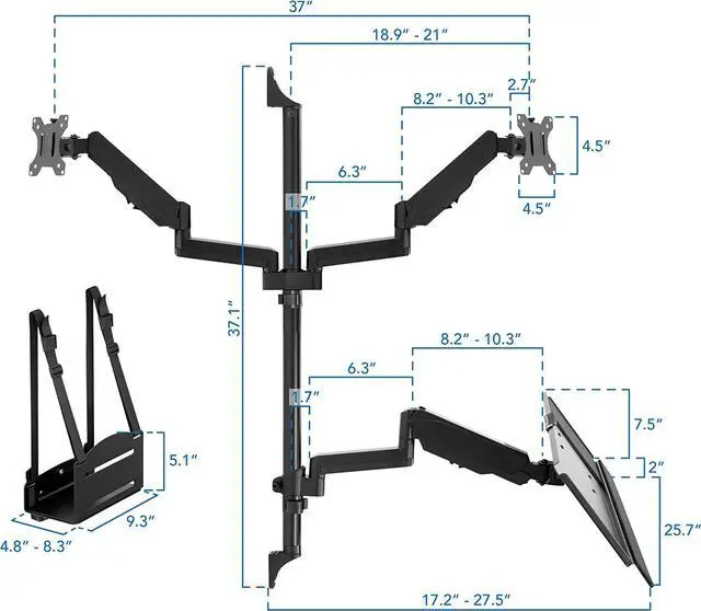 Alt view image 7 of 7 - Wall Mount Workstation with Dual Monitor Mount, Keyboard Tray and CPU Holder, Height Adjustable Full Motion Arms, Fits Two 32 Inch Computer Screens