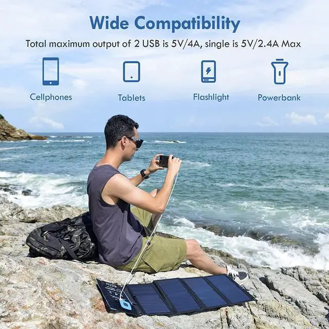 Alt view image 6 of 7 - 28W SunPower Solar Panel with Digital Ammeter, Portable Solar Panel Charger with Dual USB(5V/4A Overall), IPX4 Waterproof, Compatible with iPhone 11/Xs/X/8/7, iPad, Samsung, Google Pixel etc.