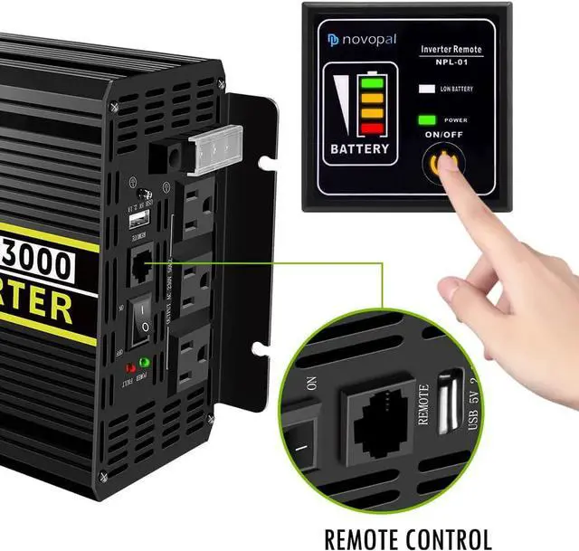 Alt view image 5 of 7 - 3000 Watt Pure Sine Wave Power Inverter 12V DC to 110V /120V AC Converter- Off-Grid Solar Inverter with 3 AC Outlets,High Output AC Terminal,USB Port,Remote Control for Home, RV, Truck