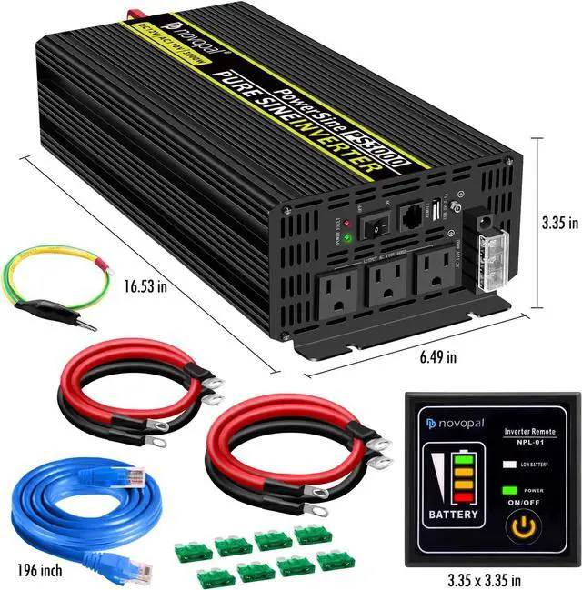 Alt view image 7 of 7 - 3000 Watt Pure Sine Wave Power Inverter 12V DC to 110V /120V AC Converter- Off-Grid Solar Inverter with 3 AC Outlets,High Output AC Terminal,USB Port,Remote Control for Home, RV, Truck