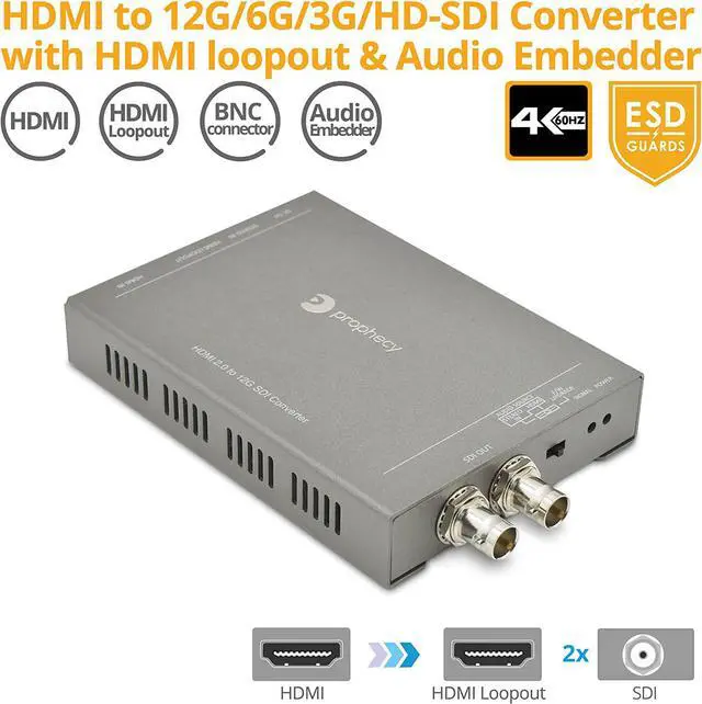 Alt view image 2 of 6 - Prophecy 4K HDMI to SDI 12G Converter  Up to 4K @60Hz, 7.1-ch Audio, Stereo Embedder, 2X SDI outputs, HDMI Loopout, Supports 12G/6G/3G/HD-SDI Formats, ESD Guard, TAA Compliant