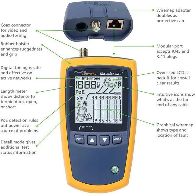 Alt view image 2 of 7 - Fluke Networks MS2-KIT MicroScanner2 Copper Cable Verifier Kit, Troubleshoots RJ11, RJ45, Coax, Tests 10/100/1000Base-T, and Voip, Includes IntelliTone Pro 200 & Remote ID Kit