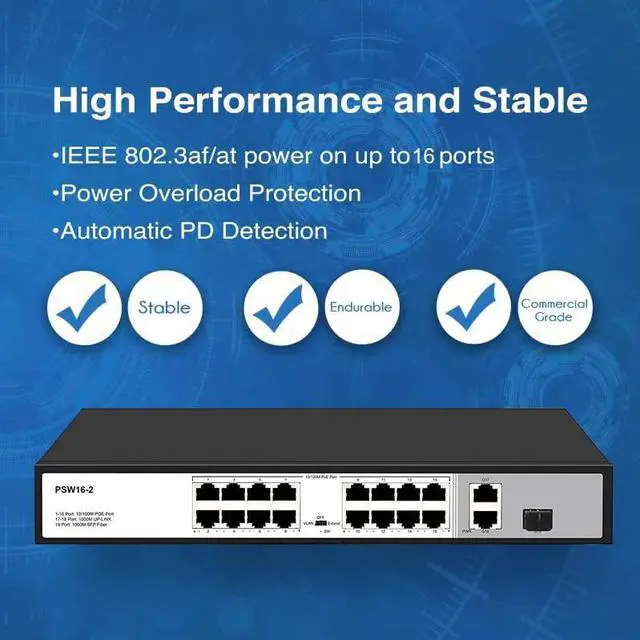 Alt view image 4 of 7 - 16 Port 10/100Mbps PoE Switch Unmanaged with 2 Gigabit Uplink Ports, POE Plus Up to 30W Per Port, High Power Total Budget 300W, 803.af/at Compliant, Rack Mount