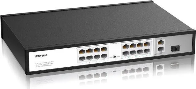 Main image of 16 Port 10/100Mbps PoE Switch Unmanaged with 2 Gigabit Uplink Ports, POE Plus Up to 30W Per Port, High Power Total Budget 300W, 803.af/at Compliant, Rack Mount