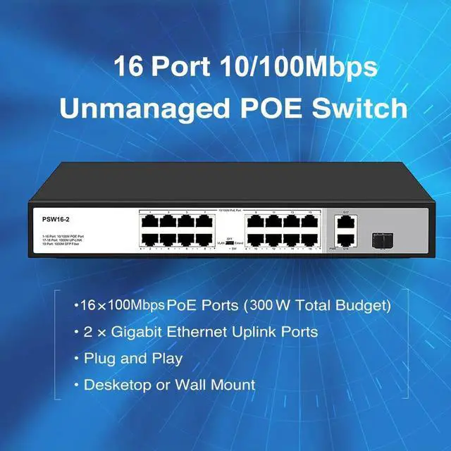 Alt view image 2 of 7 - 16 Port 10/100Mbps PoE Switch Unmanaged with 2 Gigabit Uplink Ports, POE Plus Up to 30W Per Port, High Power Total Budget 300W, 803.af/at Compliant, Rack Mount