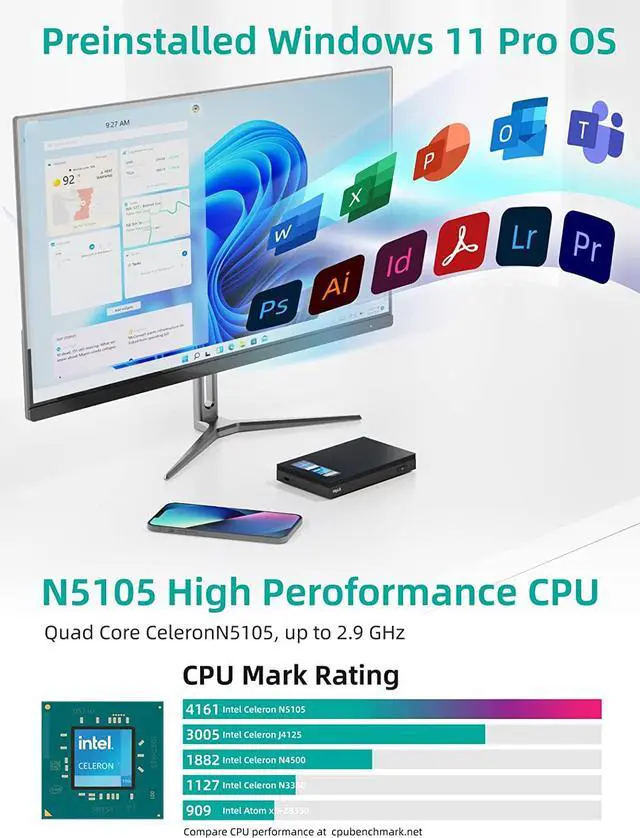 Alt view image 2 of 7 - Fanless Mini PC Windows 11 Pro Celeron N5105 Small Desktop Computer 8G LPDDR4 128G ROM Micro Form Factor PC Support WiFi 6,BT 5.2,Gigabit Ethernet,Dual 4K HDMI for Office/Home/Business