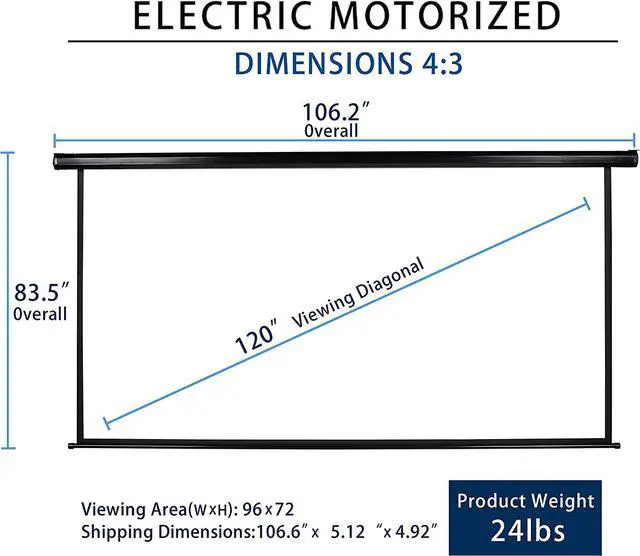 Alt view image 2 of 7 - 120" Motorized Projector Screen Electric Diagonal Automatic Projection 4:3 HD Movies Screen for Home Theater Presentation Education Outdoor Indoor W/Remote Control and Wall/Ceiling Mount (Black)