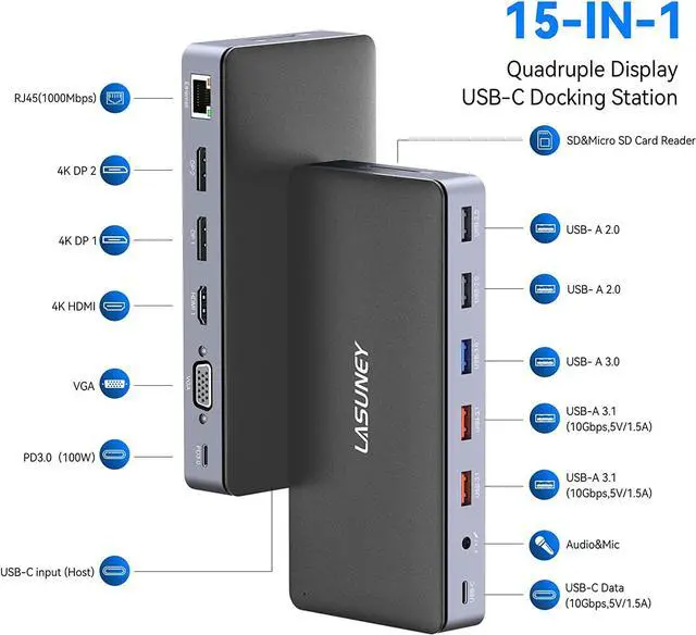 Alt view image 2 of 7 - USB C Laptop Docking Station, 15 in 1 Triple Display Multiport Adapter with 3 Monitors Dock Compatible for Dell/Surface/HP/Lenovo Laptops (Dual DP, HDMI, VGA, USB Ports, RJ45, SD/TF, Mic/Audio, PD)