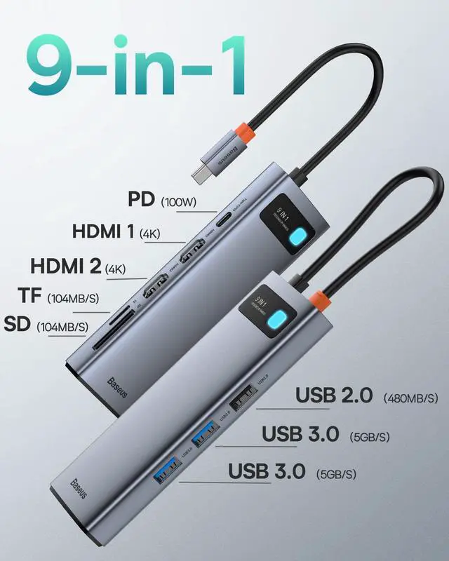 Alt view image 2 of 6 - Laptop Docking Station Dual Monitor, 9 in 1 USB C Hub with 1000Mbps LAN, 2 HDMI 4K, 100W PD, SD/TF Card Reader, 3 USB, Light Indicator, USB C Dock for MacBook/Dell/HP/Surface/Lenovo